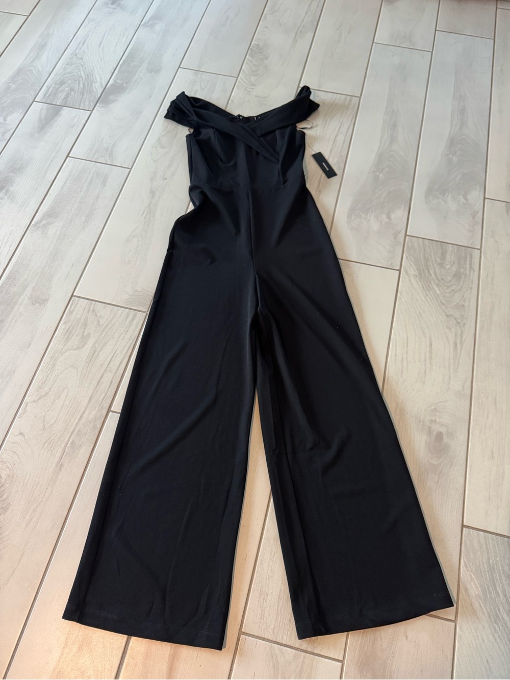 Lulu's Black Cross-Front off the shoulder Wide Leg Jumpsuit